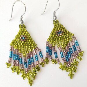 Green, pink and blue seed bead earrings